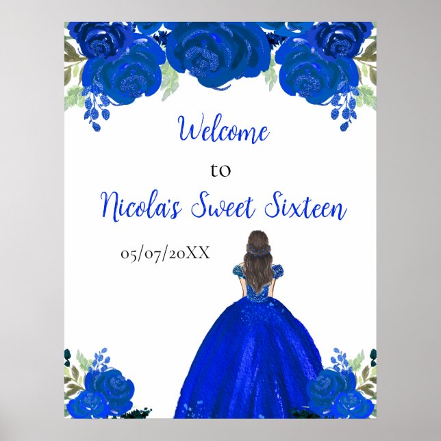 Brown Hair Princess Blue Sweet Sixteen Welcome Poster (Front)