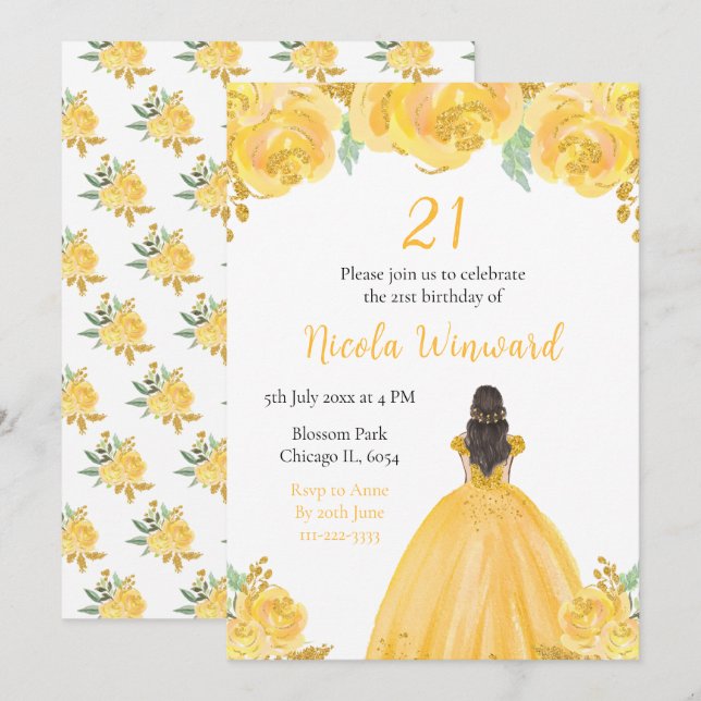 Brown Hair Princess Gold Floral Birthday Party Invitation (Front/Back)