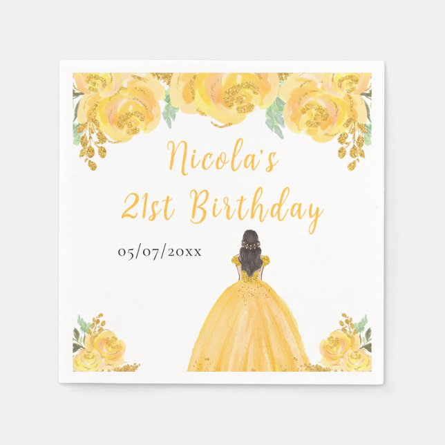 Brown Hair Princess Gold Floral Birthday Party Napkin (Front)