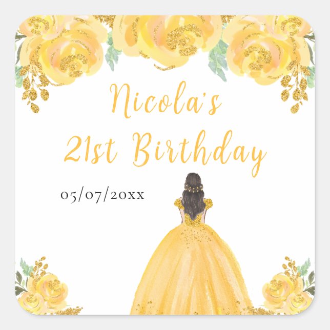 Brown Hair Princess Gold Floral Birthday Party Square Sticker (Front)
