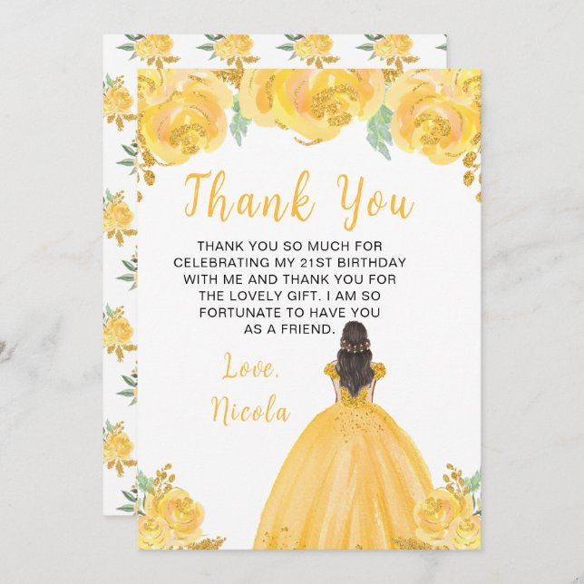 Brown Hair Princess Gold Floral Birthday Party Thank You Card (Front/Back)