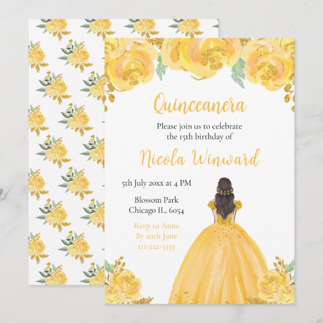 Brown Hair Princess Gold Floral Quinceanera Invitation (Front/Back)