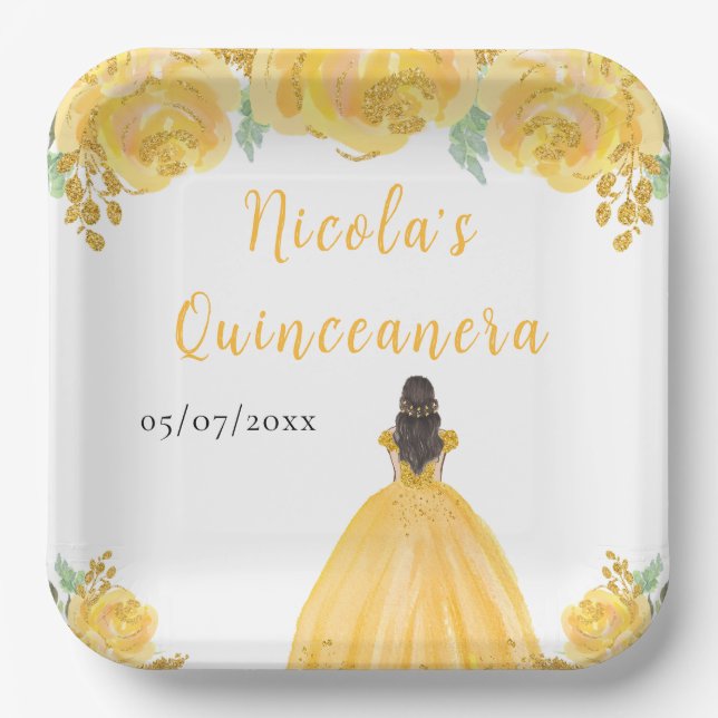 Brown Hair Princess Gold Floral Quinceanera Paper Plate (Front)
