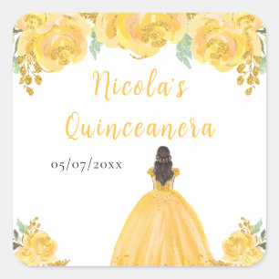 Brown Hair Princess Gold Floral Quinceanera Square Sticker
