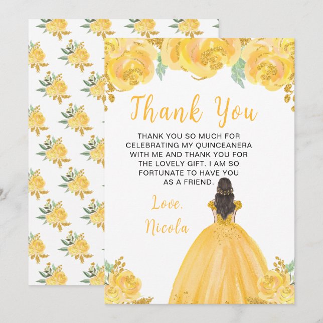 Brown Hair Princess Gold Floral Quinceanera Thank You Card (Front/Back)