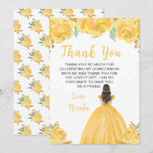 Brown Hair Princess Gold Floral Quinceanera Thank You Card