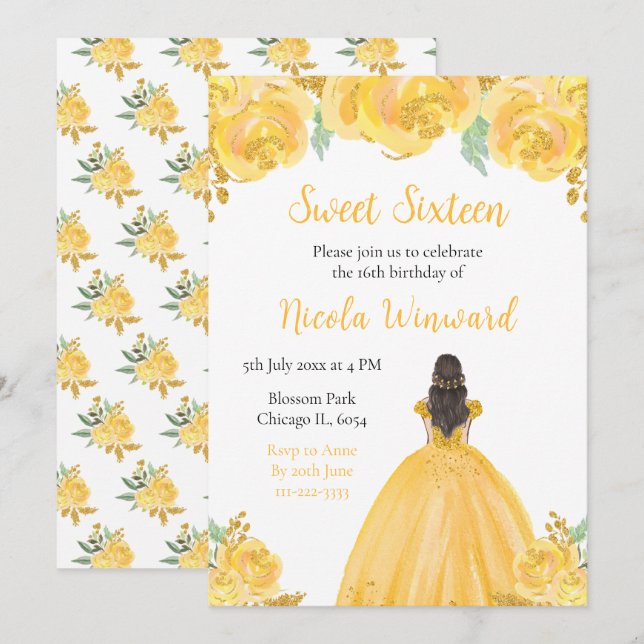 Brown Hair Princess Gold Floral Sweet Sixteen Invitation (Front/Back)