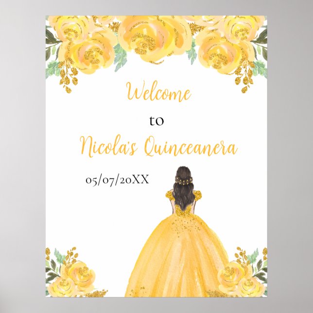 Brown Hair Princess Gold Quinceanera Welcome Poster (Front)