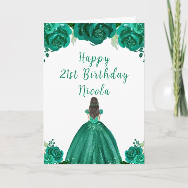 Brown Hair Princess Green Floral Birthday Party Card (Front)