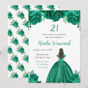 Brown Hair Princess Green Floral Birthday Party Invitation