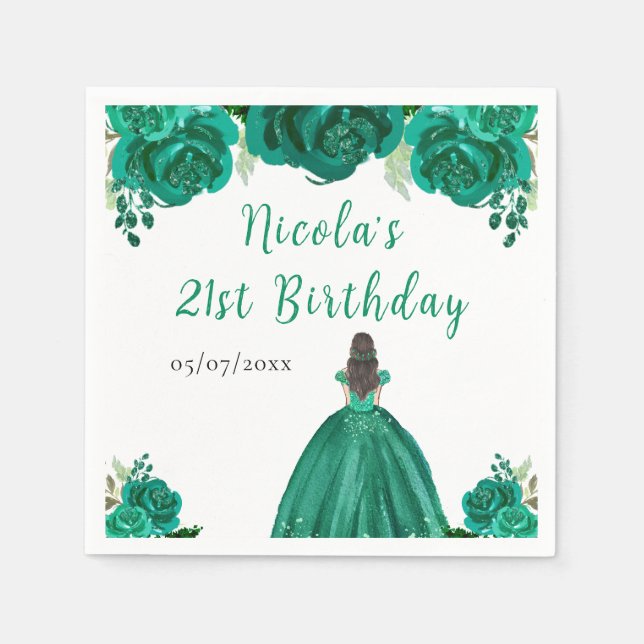 Brown Hair Princess Green Floral Birthday Party Napkin (Front)