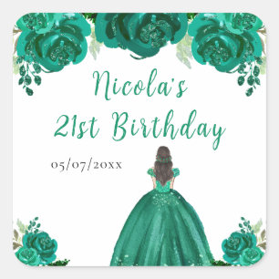 Brown Hair Princess Green Floral Birthday Party Square Sticker