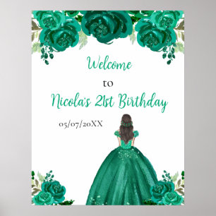 Brown Hair Princess Green Floral Birthday Welcome Poster