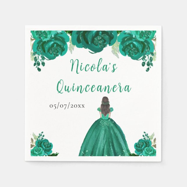 Brown Hair Princess Green Floral Quinceanera Napkin (Front)