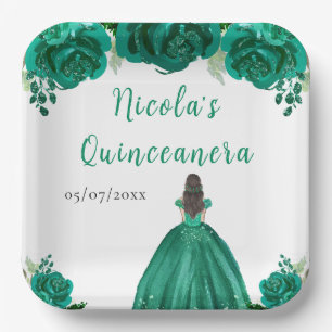 Brown Hair Princess Green Floral Quinceanera Paper Plate