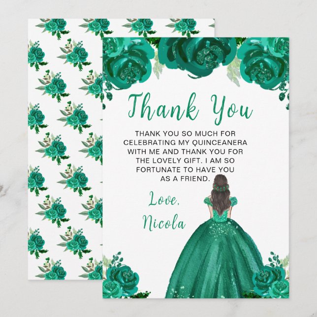 Brown Hair Princess Green Floral Quinceanera Thank You Card (Front/Back)