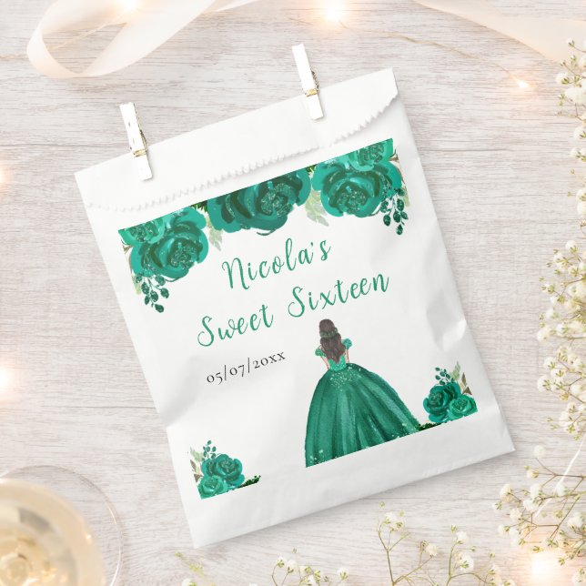 Brown Hair Princess Green Floral Sweet Sixteen  Favour Bags (Clipped)
