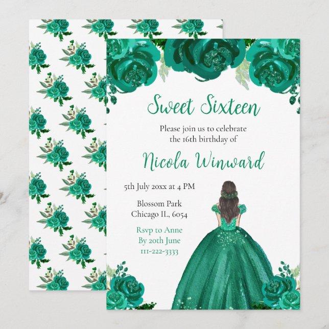 Brown Hair Princess Green Floral Sweet Sixteen Invitation (Front/Back)