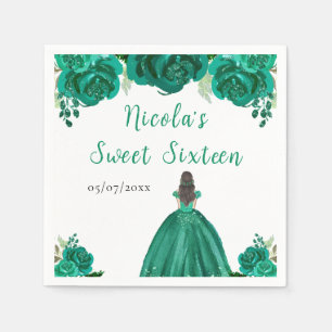 Brown Hair Princess Green Floral Sweet Sixteen Napkin