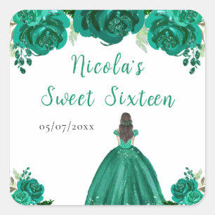 Brown Hair Princess Green Floral Sweet Sixteen  Square Sticker