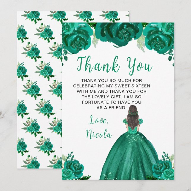 Brown Hair Princess Green Floral Sweet Sixteen  Thank You Card (Front/Back)