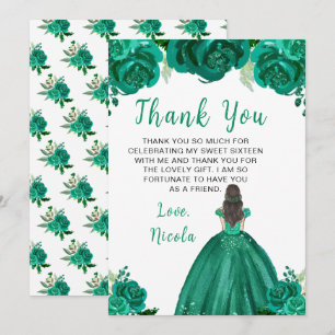 Brown Hair Princess Green Floral Sweet Sixteen  Thank You Card