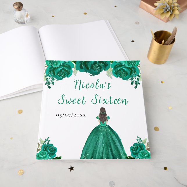 Brown Hair Princess Green Sweet Sixteen Guest Book (Front Open)
