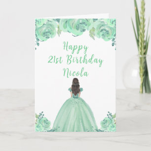 Brown Hair Princess Mint Floral Birthday Party Card