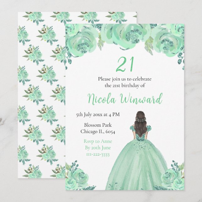 Brown Hair Princess Mint Floral Birthday Party Invitation (Front/Back)