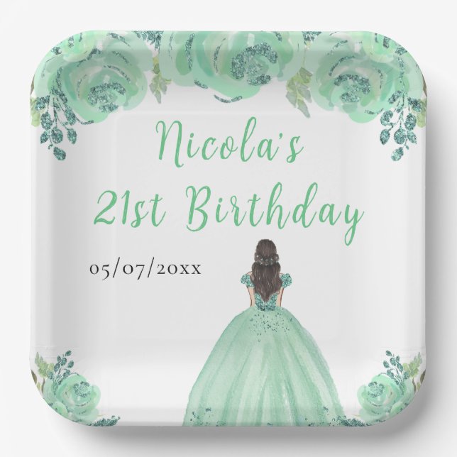 Brown Hair Princess Mint Floral Birthday Party Paper Plate (Front)