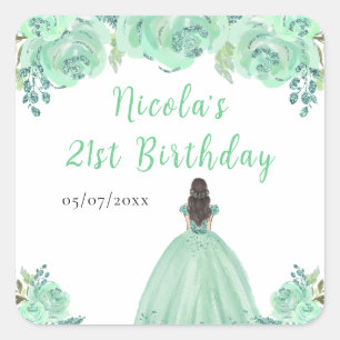 Brown Hair Princess Mint Floral Birthday Party Square Sticker