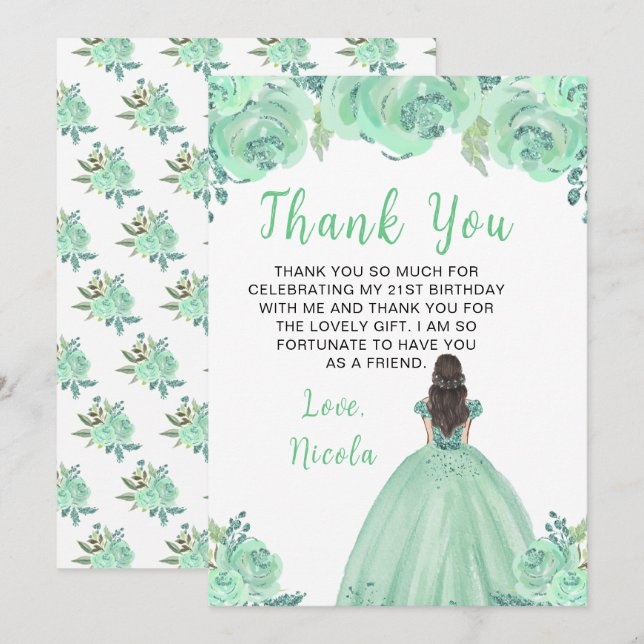 Brown Hair Princess Mint Floral Birthday Party Thank You Card (Front/Back)