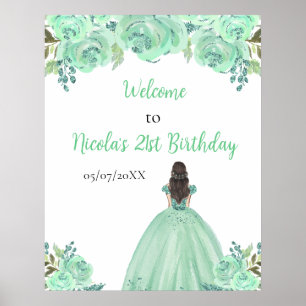 Brown Hair Princess Mint Floral Birthday Welcome Poster