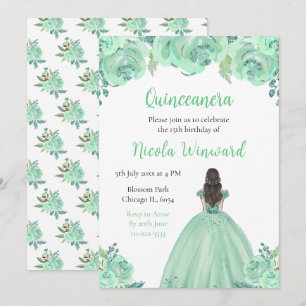 Brown Hair Princess Mint Floral Quinceanera Invitation