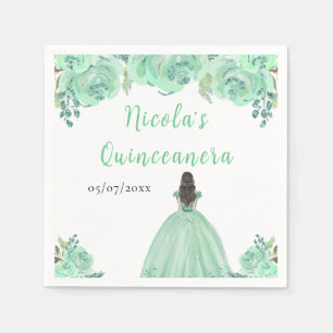 Brown Hair Princess Mint Floral Quinceanera Napkin