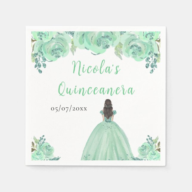 Brown Hair Princess Mint Floral Quinceanera Napkin (Front)