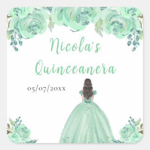 Brown Hair Princess Mint Floral Quinceanera Square Sticker