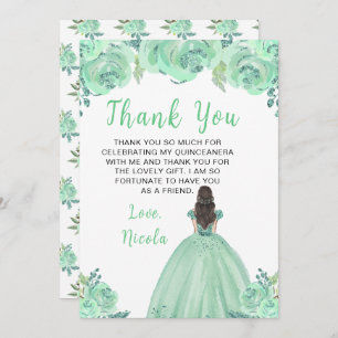 Brown Hair Princess Mint Floral Quinceanera Thank You Card