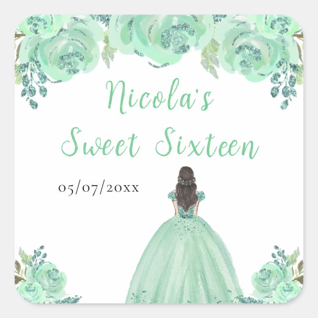Brown Hair Princess Mint Floral Sweet Sixteen  Square Sticker (Front)