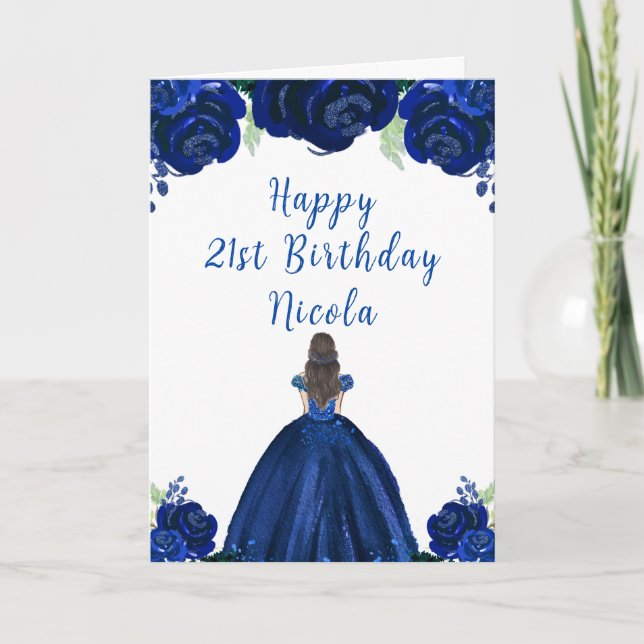 Brown Hair Princess Navy Floral Birthday Party Card (Front)