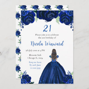 Brown Hair Princess Navy Floral Birthday Party Invitation