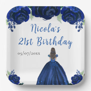 Brown Hair Princess Navy Floral Birthday Party Paper Plate