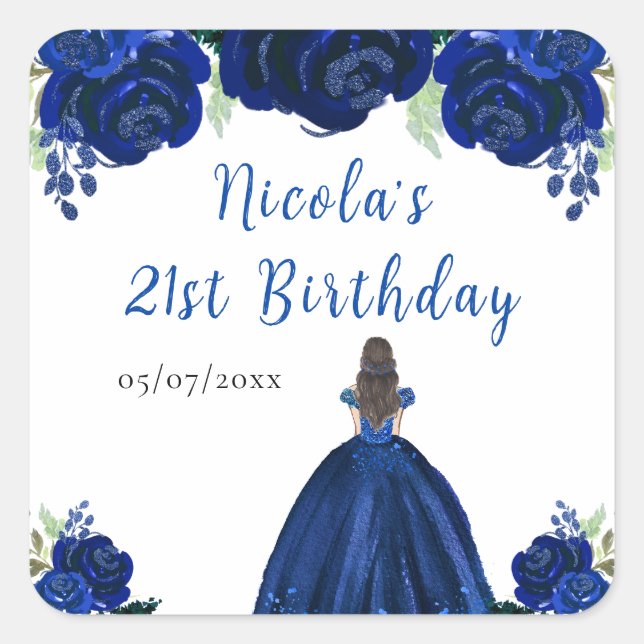 Brown Hair Princess Navy Floral Birthday Party Square Sticker (Front)