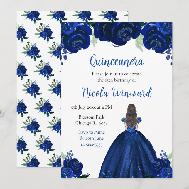 Brown Hair Princess Navy Floral Quinceanera Invitation (Front/Back)