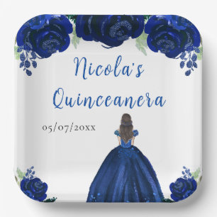 Brown Hair Princess Navy Floral Quinceanera Paper Plate