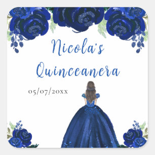 Brown Hair Princess Navy Floral Quinceanera Square Sticker