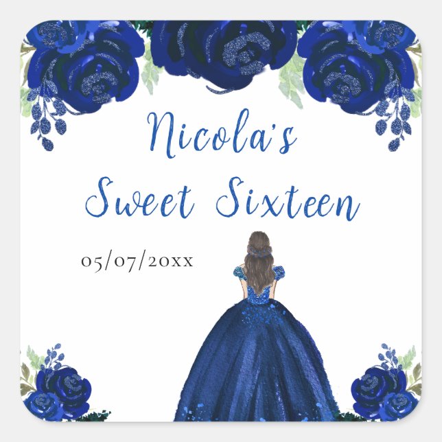 Brown Hair Princess Navy Floral Sweet Sixteen  Square Sticker (Front)