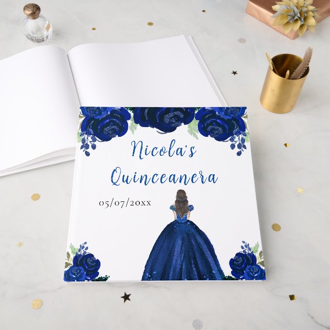 Brown Hair Princess Navy Quinceanera Guest Book (Front Open)