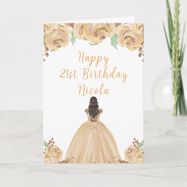 Brown Hair Princess Peach Floral Birthday Party Card (Front)