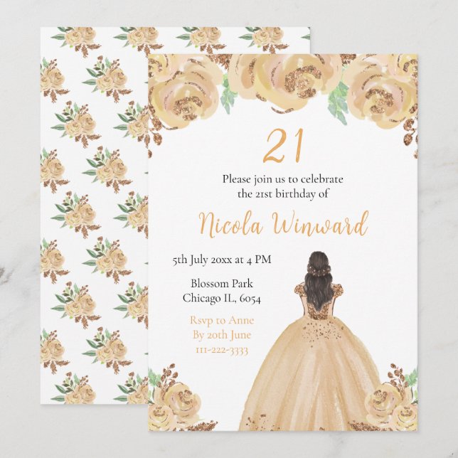 Brown Hair Princess Peach Floral Birthday Party Invitation (Front/Back)